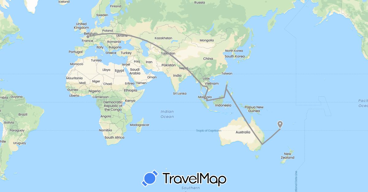 TravelMap itinerary: driving, plane in Australia, France, Cambodia, Malaysia, Philippines, Singapore, Thailand (Asia, Europe, Oceania)